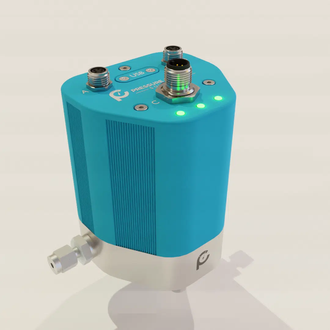 Dual-valve drukregelaar van Pressure Control Solutions met blauwe behuizing